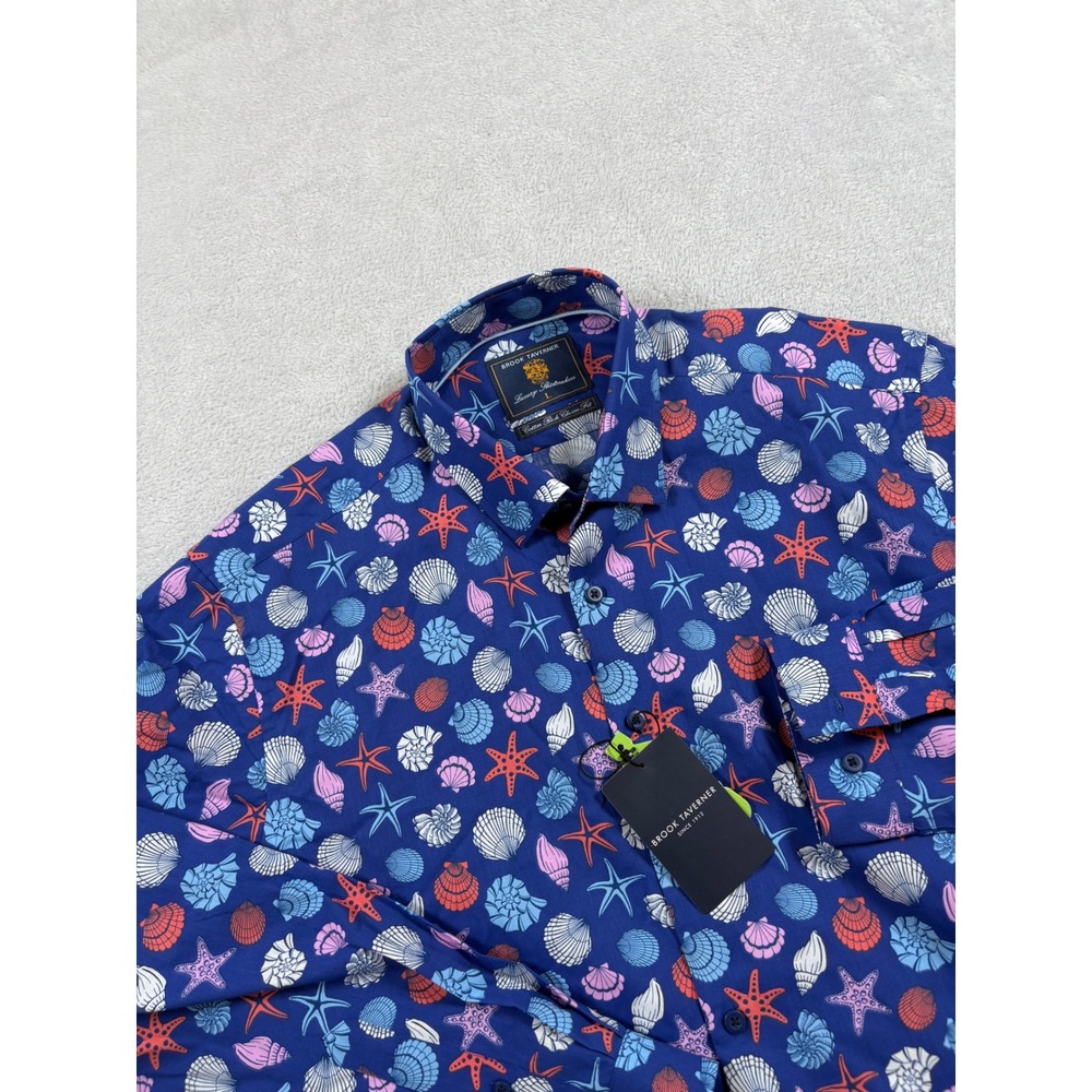 Brook Taverner Mens‎ Classic Fit Sea Shell Starfish Print Shirt Blue Large